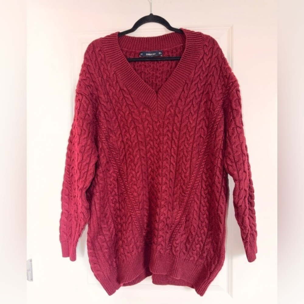 Zara Cable Knit Oversized Burgundy Sweater Women’s Size Small
